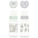 Disney Baby Bottles and Pacifiers Set – 2 Hourglass-Shaped 11oz Bottles + 2 Orthodontic Pacifiers – Officially Licensed Mickey, Minnie, Pooh & Dumbo Designs – BPA-Free Feeding Gift Set