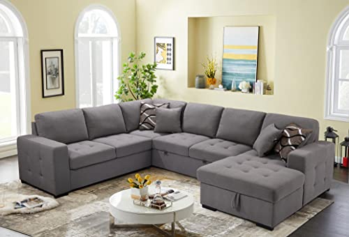 U-Shaped Oversized Polyester Sectional Sofa With Pull Out Sleeper Couch Bed & Storage Chaise Lounge, King Functional Sofá W/ 4 Pillows For Large Flat Mansion Villa Living Room Furniture Sets, Grey #TOP3