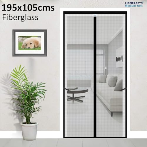 Image of LifeKrafts Mosquito Net Curtain for Door | Magnetic Closure, 120 GSM Fiberglass Material, Black (195x105 cm)