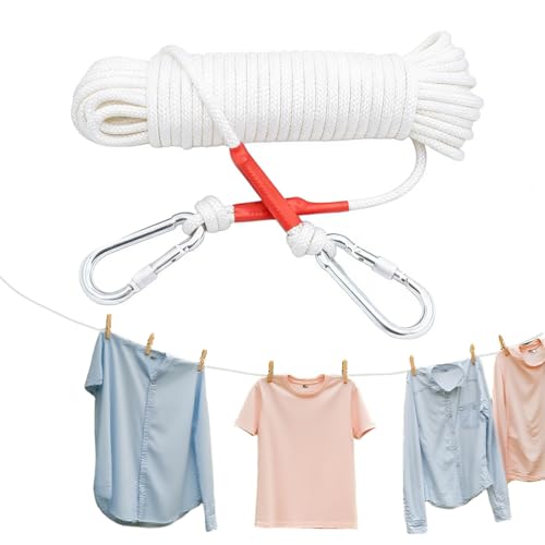 Image of HASTHIP 10m Clothes Drying Rope - Heavy Duty Polyester Cloth Rope for Drying Clothes with Hook 10mm Steel Core Clotheslines Wire Cloth Dry Ropes Wire, White