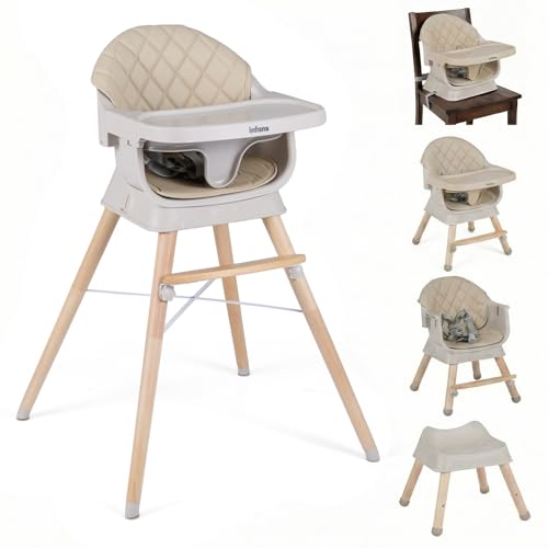 Image of INFANS Baby High Chair, 6 in 1 Wooden Convertible Highchair for Babies and Toddlers, Infant Dining Booster Seat Kids Stool with Adjustable Removable Tray (Beige)