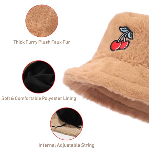 Image of Bucket Hat Women Furry Fuzzy Bucket Hats for Ladies, Winter Warm Fluffy Plush Faux Fur Hat for Women