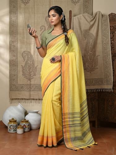 Image of MADHUHANSH Women's Cotton Linen Saree with Unstitched Blouse Piece and Floral Printed Pattern | Women Saree for Special Occasion | Stylish Modern Sarees