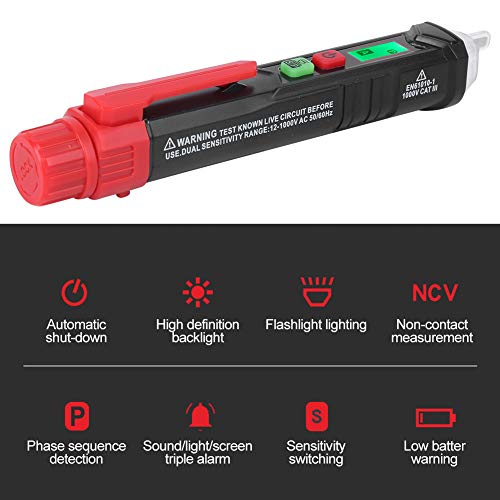 Image of Non Voltage Tester, HT100P Non 3 Phase Rotation Indicator AC Voltage Detector Pen Tester with Flashlight 12-1000V Voltage Detector for Live /Null Wire Breakpoints Test