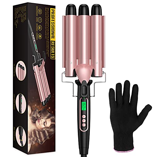 3 Barrel Curling Iron, Hair Crimper Waver with LCD Temp Display, 25mm(1 Inch) Temperature Adjustable Hair Wand, 30s Fast Heating, 360-450°F