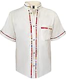 POFF Men's Mexican Guayabera Short Sleeve Shirt - 100% Cotton, Colorful Embroidery, Regular Fit, Beige