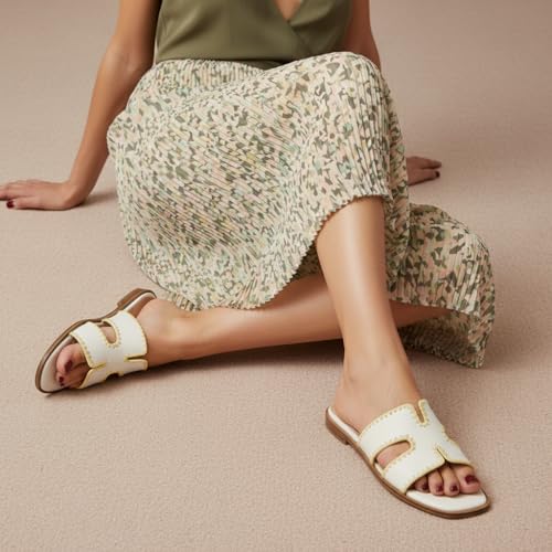 Image of CUSHIONAIRE Voyage Cutout Strap Slides for Women, Slip On Summer Flats, Trendy Footwear, Memory Foam Vegan Leather Comfortable Vacation Style Sandals