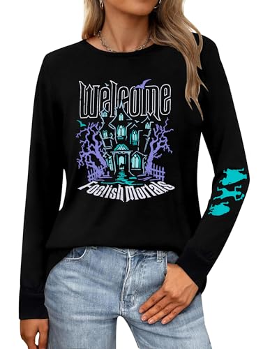 Beware of Hitch Hiking Ghosts Shirt Women Vintage Halloween Long Sleeve T-Shirt Funny Haunted Graphic Tees Top Black