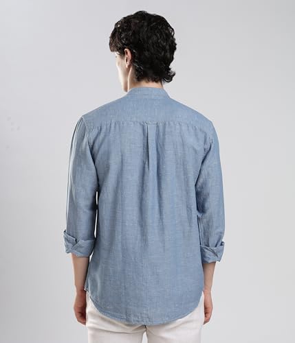 Image of TURMS Men's Casual Solid Linen Shirt | Water Repellent | Anti Stain Anti Odor | Kansas Linen | Mandarin Collar | Full Sleeves