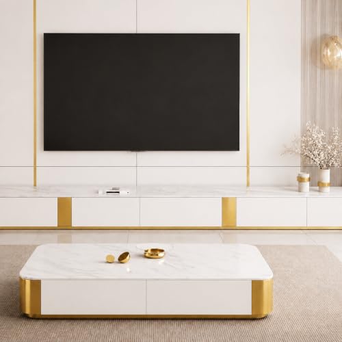 Image of WOODEN SPACE Jaguar Modern Marble Top Coffee Table with Storage | 47.24 Inch Rectangular Centre Table for Living Room | High Gloss Finish (Golden White)
