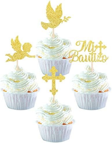 24 Pack Spanish Mi Bautizo Cupcake Toppers with Glitter Cross Angel Dove Baptism Cupcake Picks Decorations for Religious God Bless Theme Baby Shower Kids Birthday Christmas Party Supplies Gold