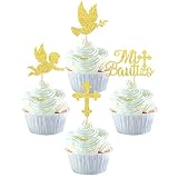 24 Pack Spanish Mi Bautizo Cupcake Toppers with Glitter Cross Angel Dove Baptism Cupcake Picks Decorations for Religious God Bless Theme Baby Shower Kids Birthday Christmas Party Supplies Gold