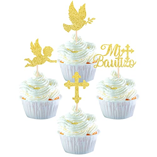 24 Pack Spanish Mi Bautizo Cupcake Toppers With Glitter Cross Angel Dove Baptism Cupcake Picks Decorations For Religious God Bless Theme Baby Shower Kids Birthday Christmas Party Supplies Gold #TOP23