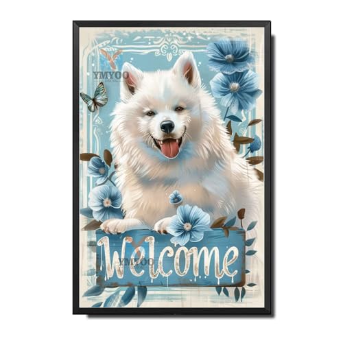 Ymyoo Decorative Tin Sign Wall Art Friendly Samoyed Welcome with Arctic Flowers for Home Entries Samoyed Enthusiast Areas Easy Install Corrosion Resistant Aluminum 6×8 Inches with Metal Frame