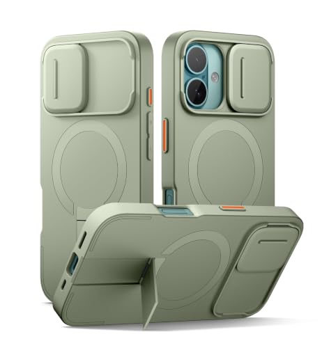Image of SURITCH for iPhone 16 Case with Magnetic Camera Slide Cover and Adjustable Kickstand, Compatible with MagSafe, Shockproof Bumper Case Slim Protective Cover 6.1 Inch, Green