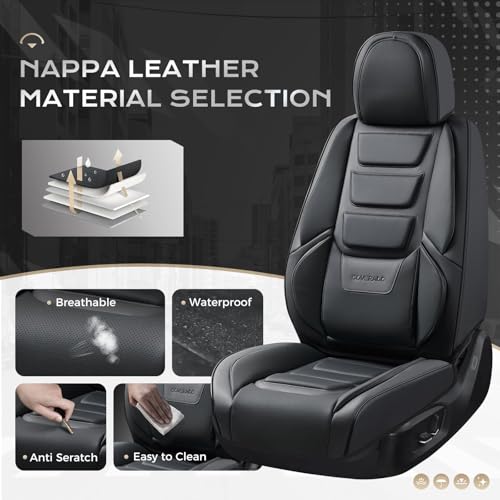 Image of Coverado Car Seat Covers Full Set, Seat Covers for Cars, Front Seat Covers and Back Seat Cover Waterproof Leather Automotive Seat Cover, Universal Car Interior Protectors Cushion for Most Cars Black