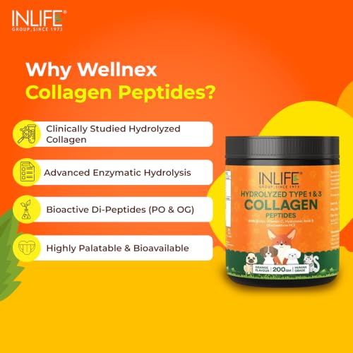 Image of INLIFE Collagen for Dogs & Cats | Hydrolysed Collagen Powder | Clinically Proven Ingredient with Biotin, Vitamin C, Hyaluronic Acid & Glucosamine | Pet Supplement (Orange)