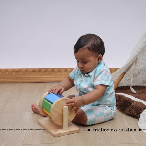 Image of Ariro Toys Wooden Spinning Drum for Babies 0-12 Months | Montessori Tummy Time Activity | Non-Toxic Wood & Paint | Visual Tracking & Motor Skill Development