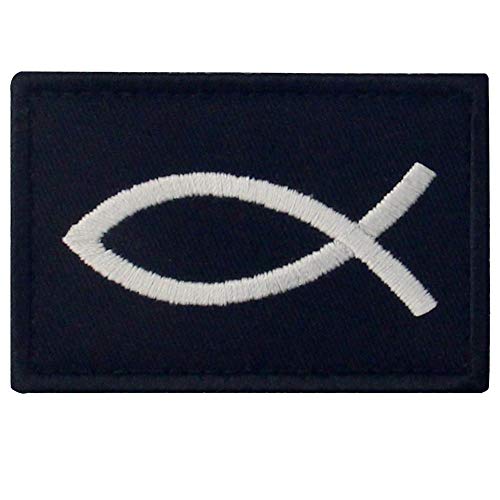 Jesus Fish Ichthys Patch Embroidered Morale Applique Fastener Hook & Loop Emblem - White & Black