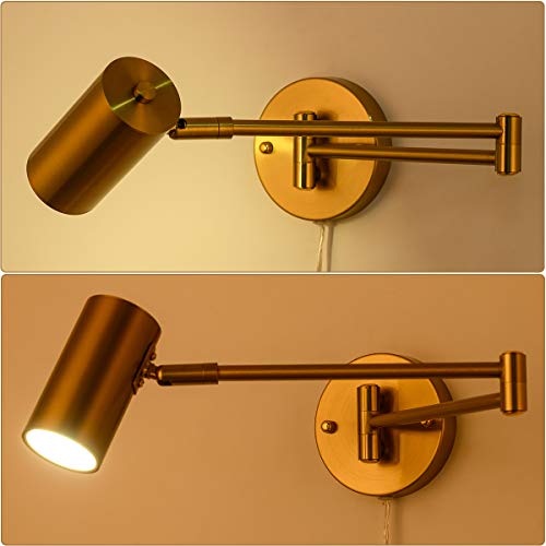Image of Gold Plug in Wall Sconces Set of 2, Modern Swing Arms Wall Lamp with Plug-in Cord Adjustable Wall Light for Bedroom Living Room (Light Source Included)