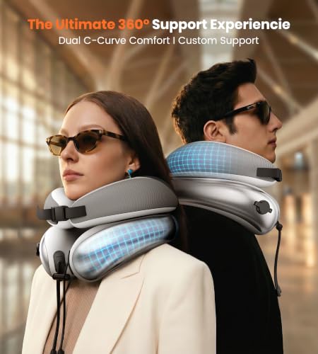 Image of Neck Pillow for Traveling, Travel Pillows for Airplanes, Adjustable Neck Pillow Airplane Travel Essentials - 2 Layer Patented | Inflatable Air Loop & Memory Foam for 360 Ergonomic Support