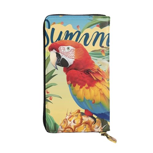 Portefeuille en cuir pour femme noir avec fermeture éclair motif perroquet et ananas