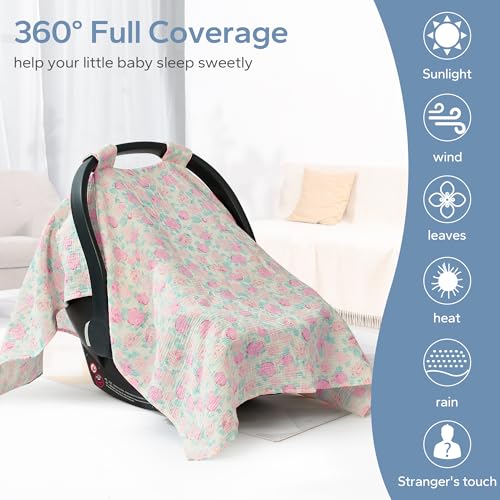 Image of SERAPHY 100% Muslin Cotton Car Seat Cover Baby, 2 Pack Universal Carseat Covers Baby Boy Girl, Breathable Car Seat Canopy, Soft Infant Car Seat Cover for Summer and Winter-2 Pcs Pink&Flowers