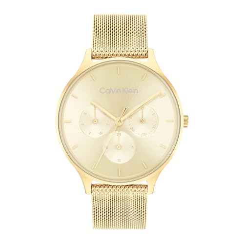 Calvin Klein Timeless Mesh Mf Qtz Multifunction Light Champagne Round Dial Watch Ionic Plated Thin Gold Steel