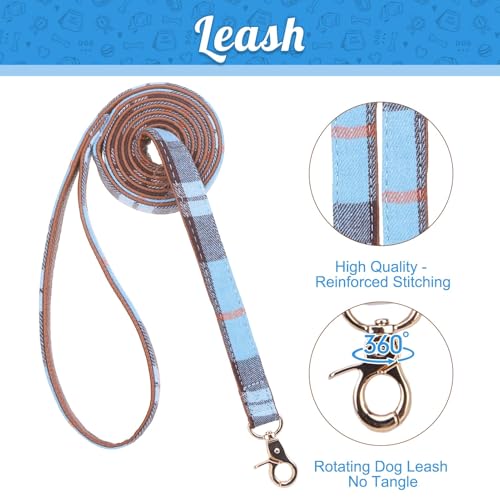 Image of EXPAWLORER Dog Collar and Leash Set - Classic Plaid Dog Collar with Bow Tie and Cute Bell, Dog Leash No Tangle, Adjustable Dog Collar for Small Medium Dogs Cats, Holiday Ideal Gift, Skyblue S