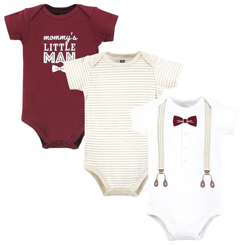 Image of Hudson Baby Infant Boy Cotton Bodysuits, Burgundy Beige Suspender, 3-6 Months