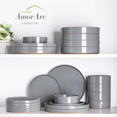 Image of AmorArc Ceramic Dinnerware Set for 8 | Speckled Stoneware Plates and Bowls with Rustic Terracotta Underside| Scratch Resistant,Dishwasher & Microwave Safe Dishes Sets- 24pcs Gray