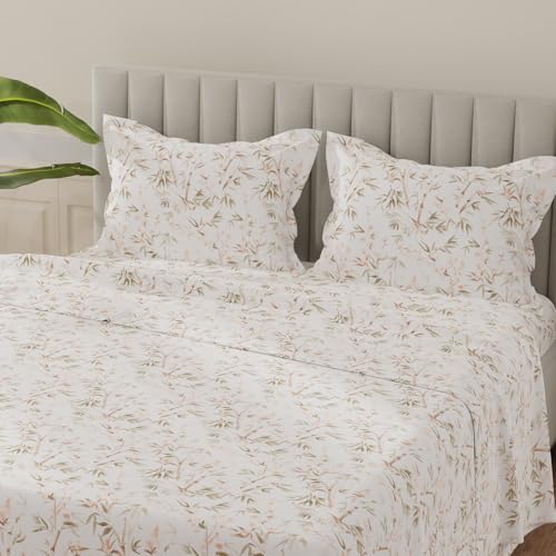 Image of Layers 100% Cotton Bedsheet for King Size Bed | Lumina Floret Collection | 144 TC Soft & Breathable | Printed with 2 Pillow Covers | Wrinkle Free & Colorfast | 3 Piece Bedding Set - Brown & White