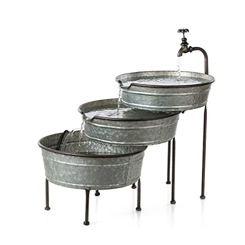 Glitzhome Metal Tiered Outdoor Water Fountain With Decorative Faucet And Pump Galvanized Garden Tools For Garden, Patio, Deck, Porch, Yard Art Decor #TOP25
