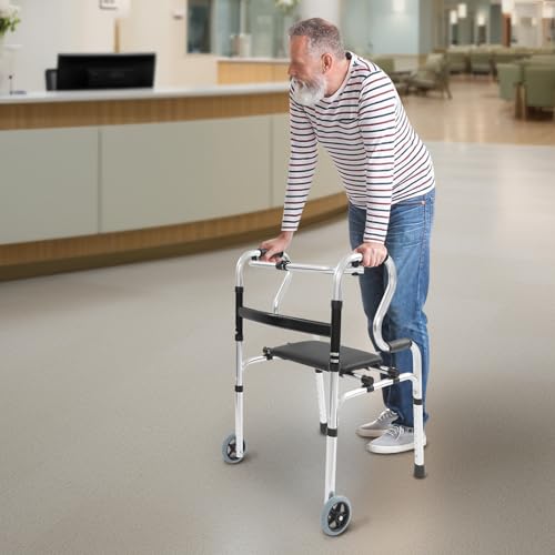 Walkers for Seniors Folding Walker with Seat 8-Level Height Adjustment Folding Walkers with Wheels, Compact Adults Walker Support Up to 220.46 lbs for The Elderly, Disabled, Pregnant Women