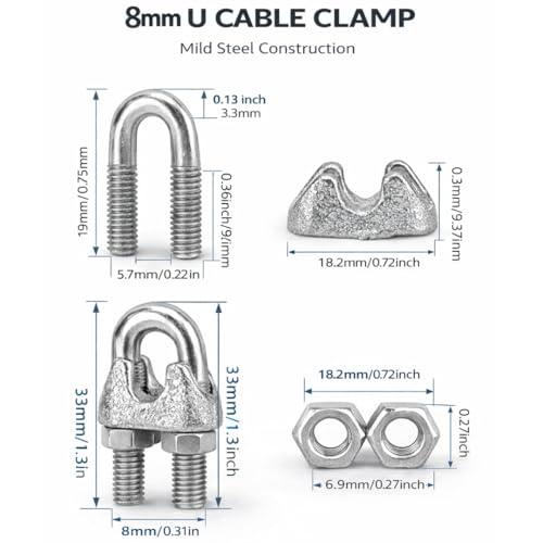 Image of U-Lock Cable Clamp for Gym Machine Wire | Heavy Duty Rope Clip with Bolt (Pack of 12)