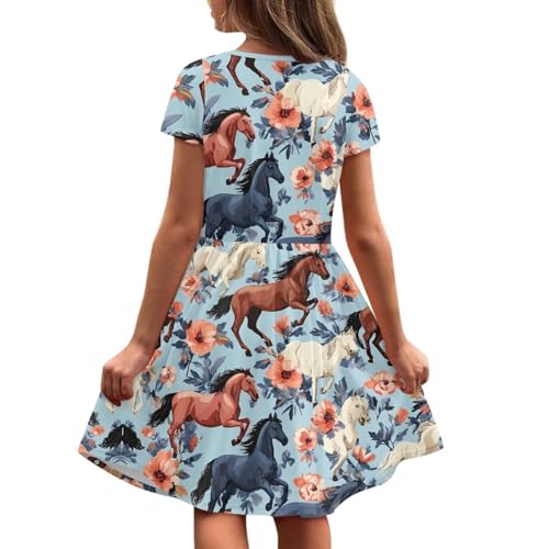 Image of Girls Dress with Pockets Basic Short Sleeve High Waist Swing Skater Dress School Party Dress for Kids