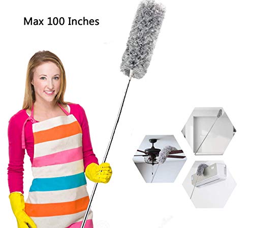 Microfiber Duster for Cleaning with Extension Pole(Stainless Steel), Extra Long 100 inches,with Bendable