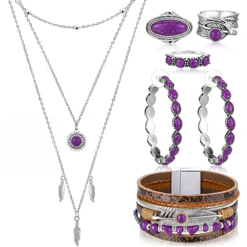 Image of Ecally Bohemian Western Jewelry Turquoise Set Women Country Pendant Long Choker Layered Bracelets Earrings Ring for Women