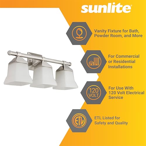 Image of Sunlite 46063 20 inch Modern Square Bell Vanity Wall Mount Light Fixture, Medium Base (E26) Socket, Standard A19 Bulb Required (100W Max), Frosted Glass Shade, ETL Listed, 3 Light Brushed Nickel Finish