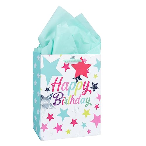 Happy Birthday Gift Bag, Cyan Gift Bags with 2 Tissue, Medium Paper Gift Bags with Twist Handles, Birthday Gift Bag for Girl Boy Women Female (180x100x230mm)