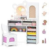 FANTASK Schminktisch Set in Bärform, Kinderschminktisch mit Beleuchtung, Spiegel, Schrank, 5 Schubladen & Fächern, Kosmetiktisch aus Holz Set für Mädchen ab 3 Jahren (Weiß)