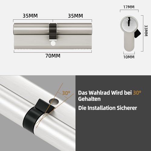 AwmnSrman Schließzylinder 35/35, Zylinderschloss mit 5 Schlüsseln, Schließzylinder Beidseitig Schließbar, Euro Messingzylinder Satin Nickel Finish