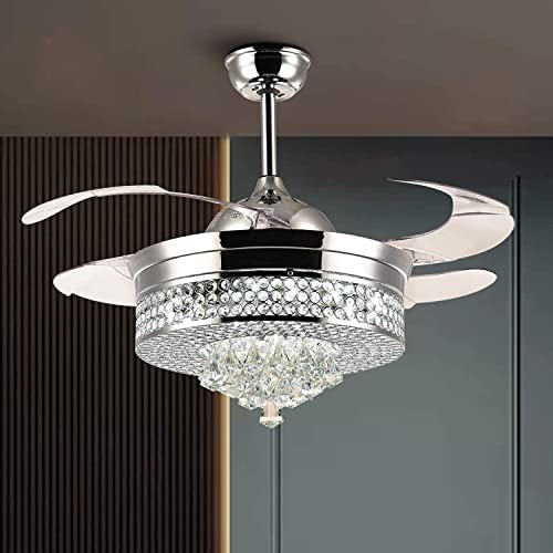 Black Friday Sale 2022 NOXARTE 36" Crystal Ceiling Fan Lighting Fixture LED Dimmable Chandelier Retractable Invisible Blades Remote Control for Dining Room Bedroom (36 inch)