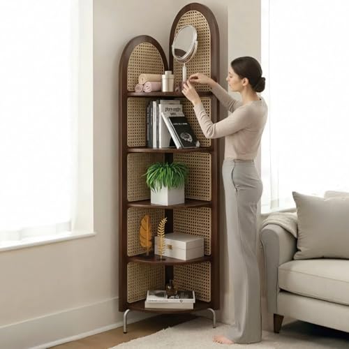AMSXNOO 5-Tier Rattan Corner Bookshelf, 71-Inch Narrow Corner Bookshelf with