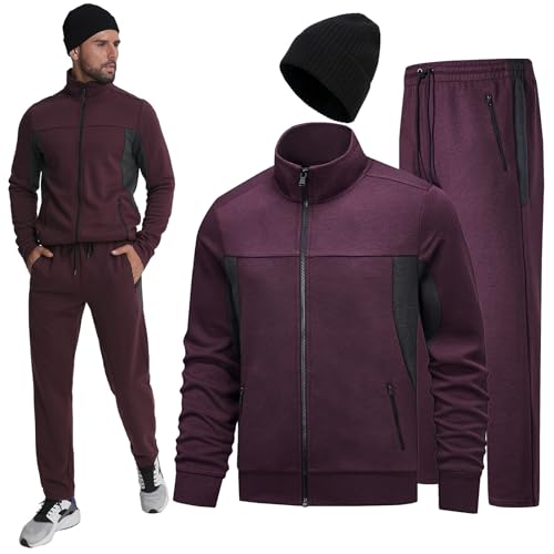 Men's Tracksuits,Sweatsuits 3 Piece Set for Men Casual Full Zip Athletic Sports Jogging Track Suits Sets with Knit Hat(XL)