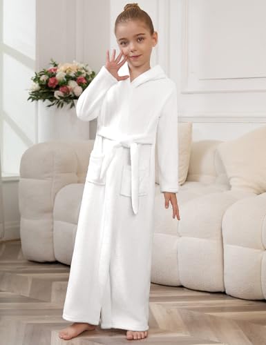 Image of Jxstar Girls Bathrobes Kids Long Hooded Robes Plush Full Length Coral Fleece Pajamas Sleepwear