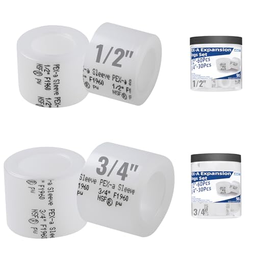 (90 Pack YVSKM) PEX-A Expansion Rings with STOP 60 pcs 1/2 inch + 30 pcs 3/4 inch F1960 Full-Flow Expansion Sleeves for PEX-A Pipe Leak-Tight Fast Install for Hot/Cold & Potable Water