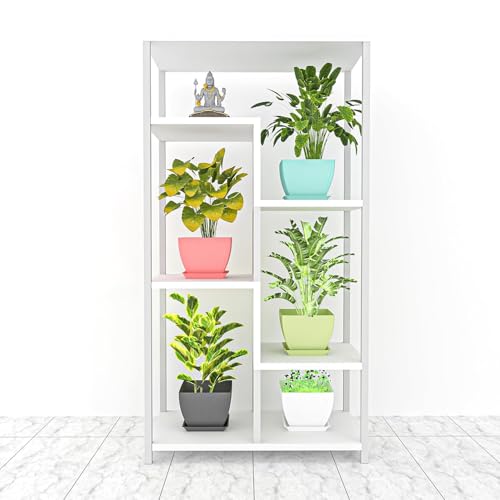 Image of (Pack of 5 6 inch Plant Flower Pots with Drainage Holes and Tray Saucers Outdoor Indoor - Ideal for Indoor Plants, Succulents, and Small Pots for Plants (Square LINE, Multi Colour)