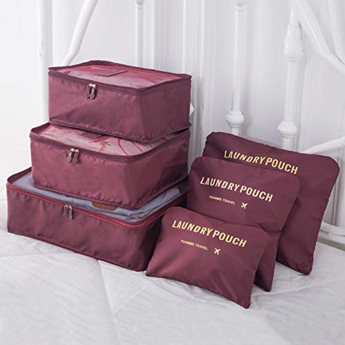 Image of Nylon AACHEN Packing Cubes for Travel Luggage Organiser Bag Compression Pouches Clothes Suitcase, Packing Organizers Storage Bags for Travel Accessories (Wine Red, 6 pcs)