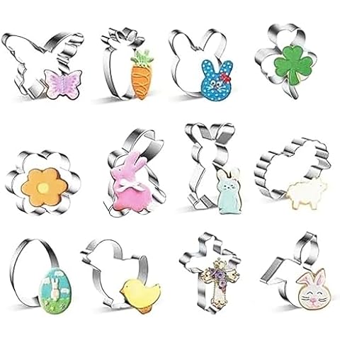12 Pcs Easter Cookie Cutters, Easter Bunny, Egg, Rabbit, Chick, Carrot Stainless Steel Cookie Cutters for Baking Cover